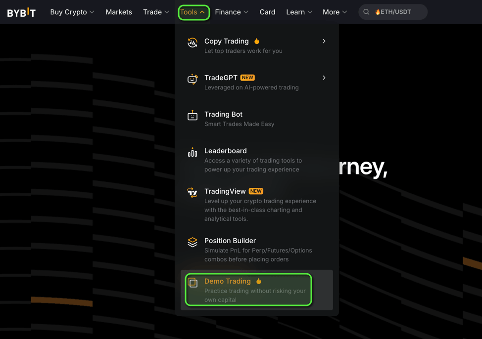 Bybit Tools menu with Demo Trading selected