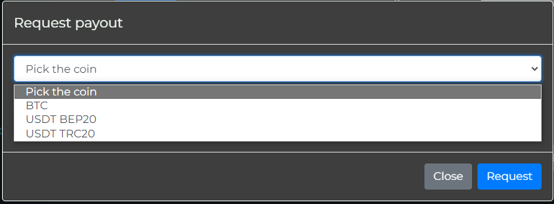 Payout request dialog — choose coin and enter wallet address