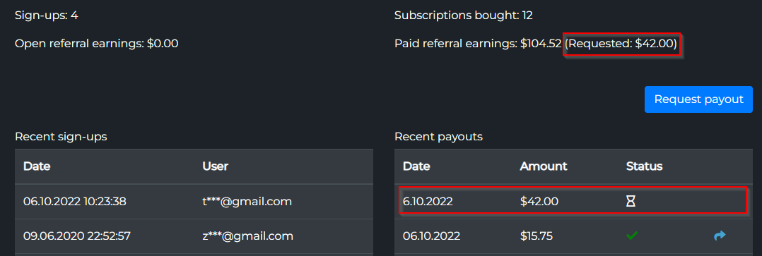 Pending payout — hourglass indicator
