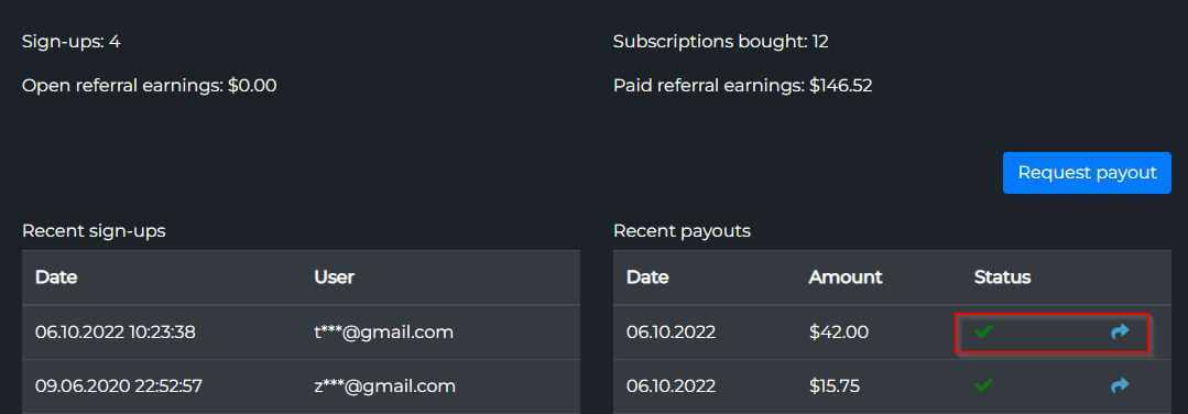 Completed payout — checkmark and transaction link
