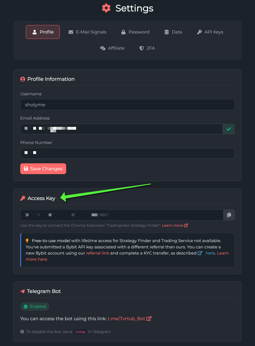 TVH Settings page with the Access Key (your User Token) highlighted