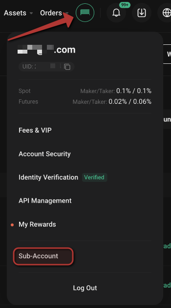 KuCoin account menu — Sub-Account