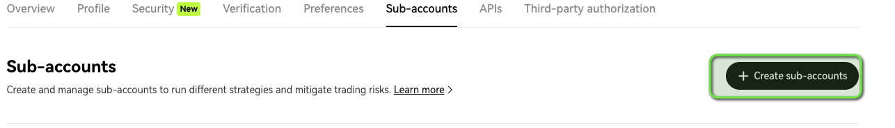 OKX account settings — Sub-accounts tab with Create sub-accounts