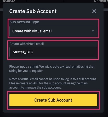 Binance — Create Sub Account dialog with virtual email