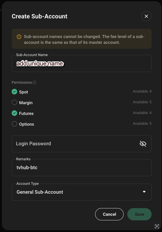 KuCoin Create Sub-Account — name, Spot/Futures permissions, remark