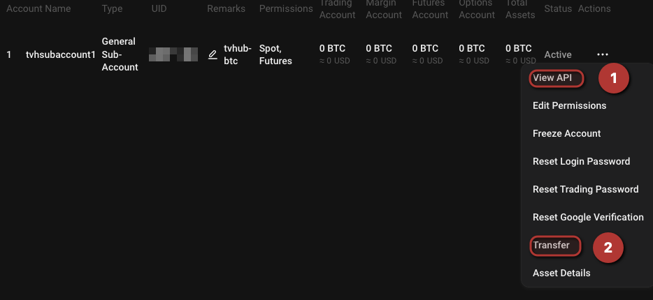 KuCoin sub-account row — View API and Transfer actions