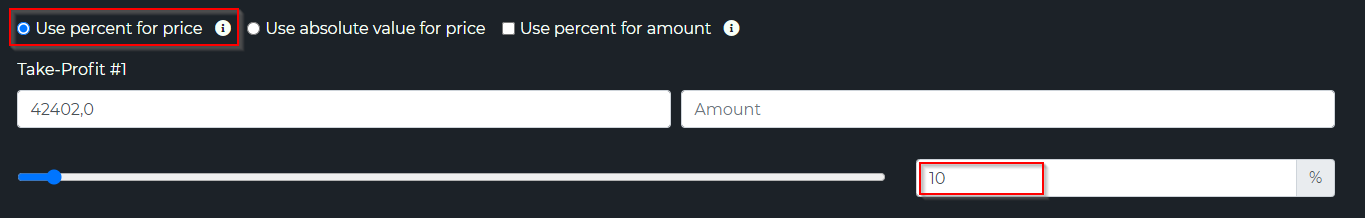 Take-profit with Use percent for price selected, percent box drives the level