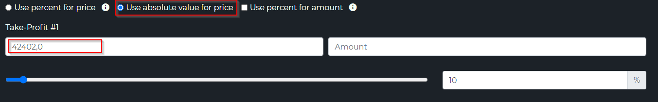 Take-profit with Use absolute value for price selected, price typed directly