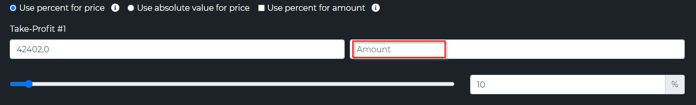 Take-profit amount field as an absolute quantity