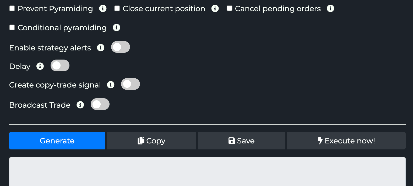 Advanced checkboxes plus Generate, Copy, Save and Execute buttons