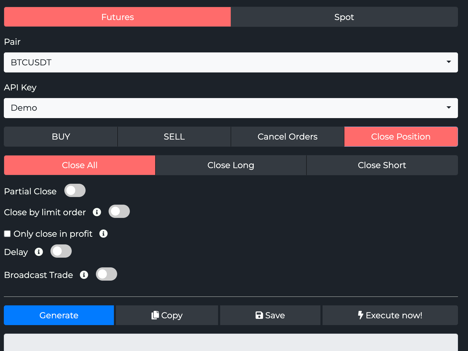 Close Position mode with Close All/Long/Short and close options