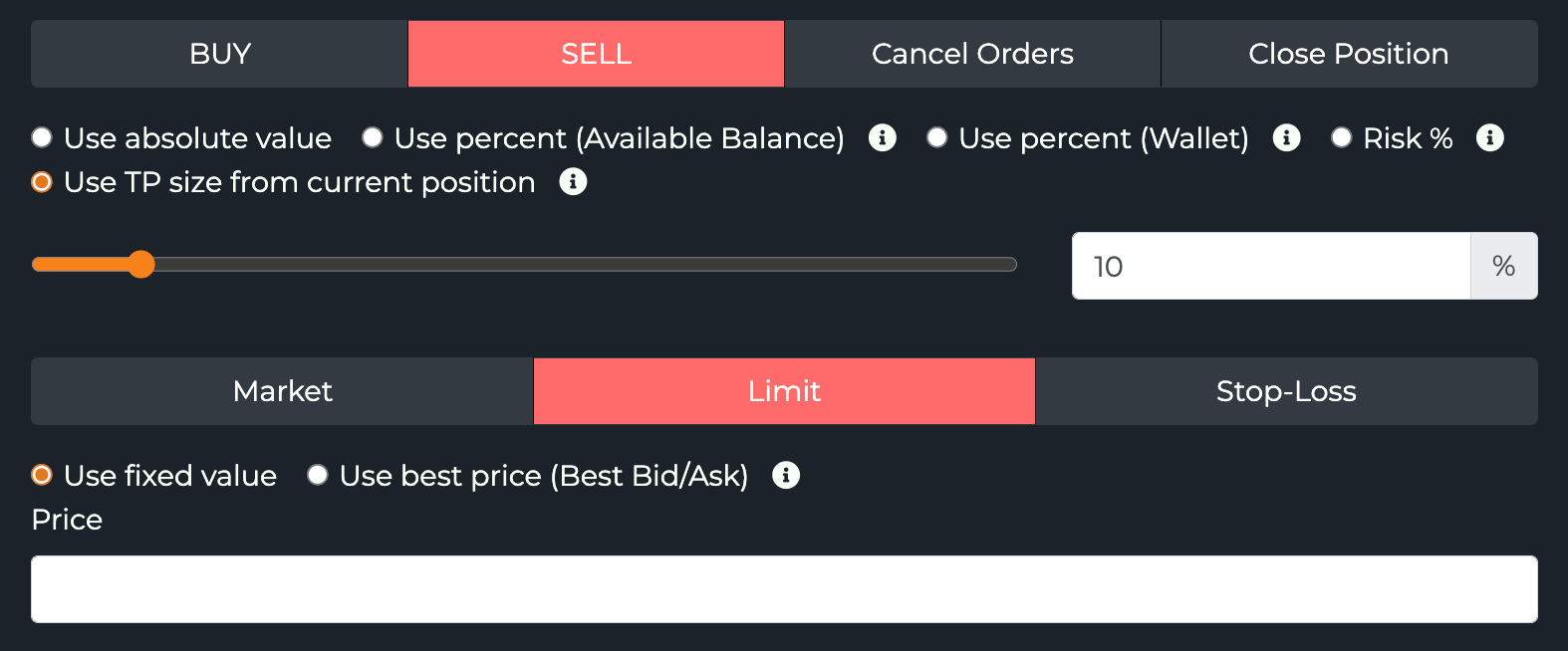 SELL limit order using TP size from current position, with fixed/best-price options