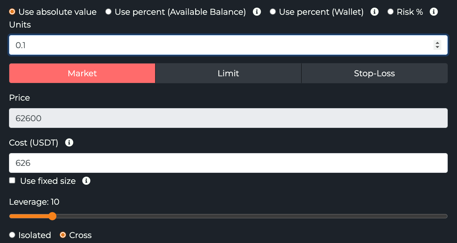 Size method, units, order-type tabs, price, cost, leverage and margin