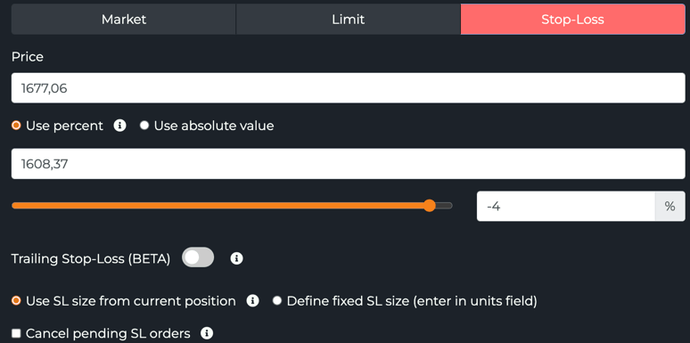 Stop-Loss order type with price, percent/absolute method and SL sizing options