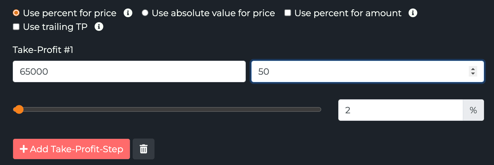 Take-profit step with price and amount, percent toggles and trailing TP