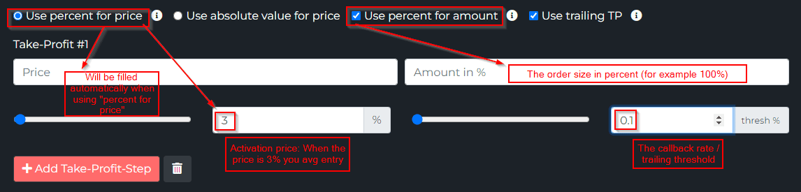 Take-profit step with Use trailing TP enabled, percent activation and callback threshold
