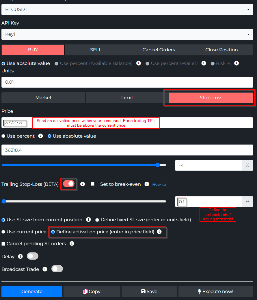 Standalone trailing take-profit built from the Stop-Loss order type with an activation price