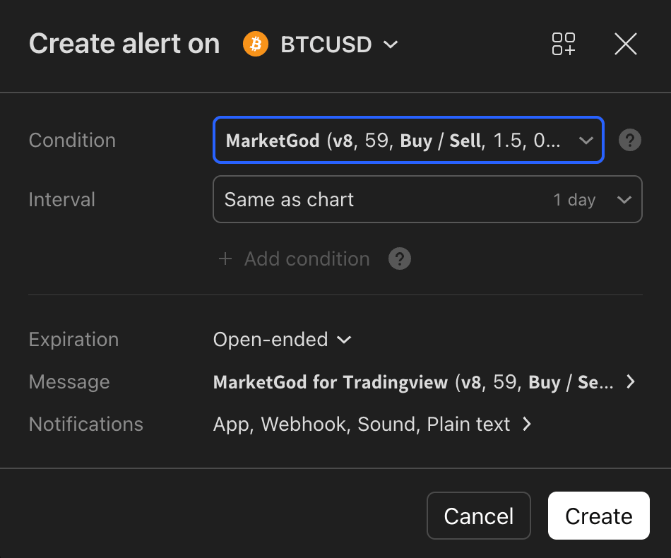 Create alert dialog showing Condition, Interval, Expiration, Message and Notifications rows