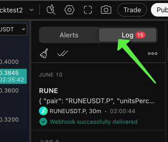 TradingView alerts panel with the Log tab selected, showing a fired alert that was delivered