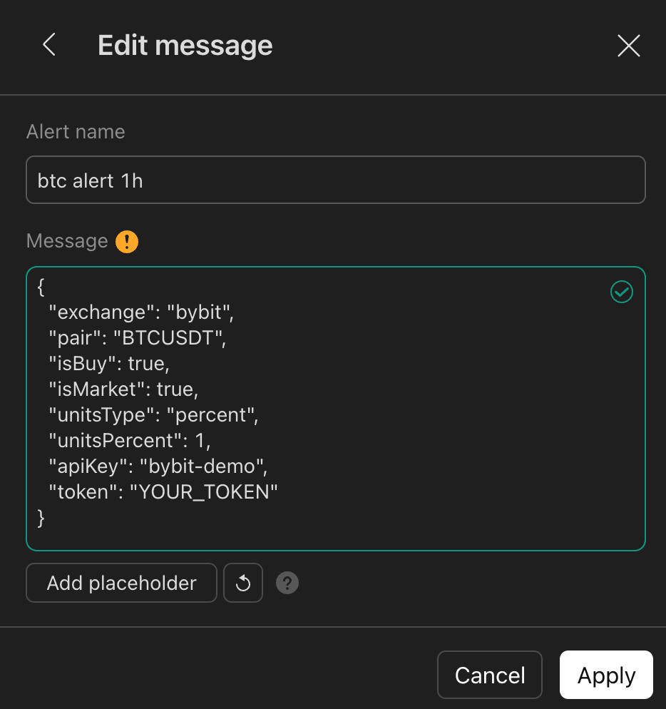 Edit message panel with a valid TVH JSON payload and a green valid-JSON check
