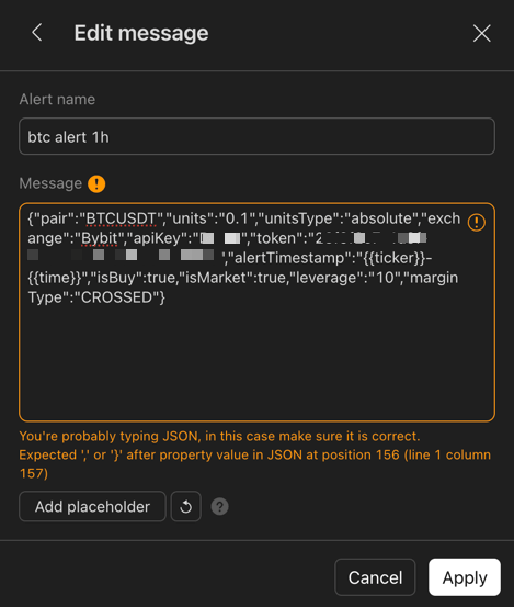 Edit message panel showing the orange false-positive JSON warning