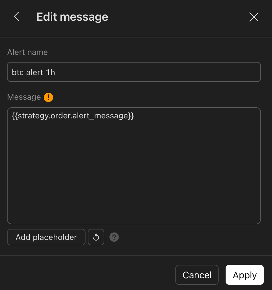 Strategy alert with the Message field set to the strategy.order.alert_message placeholder