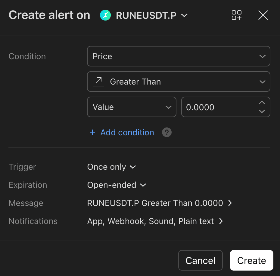 Create alert dialog set to Price Greater Than a value with Once only trigger