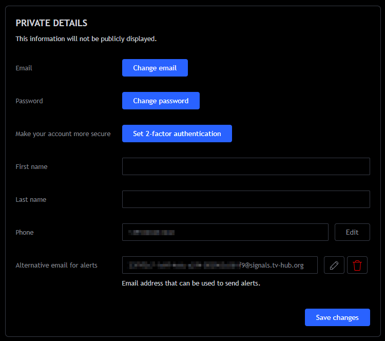 TradingView account settings showing the alternative e-mail field