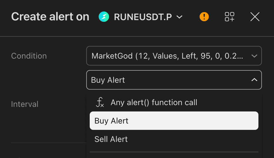 TradingView Create Alert dialog showing the indicator condition dropdown with Buy Alert and Sell Alert options