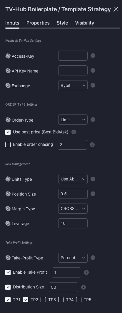 TVH boilerplate strategy input fields — Webhook, Order Type, Risk Management