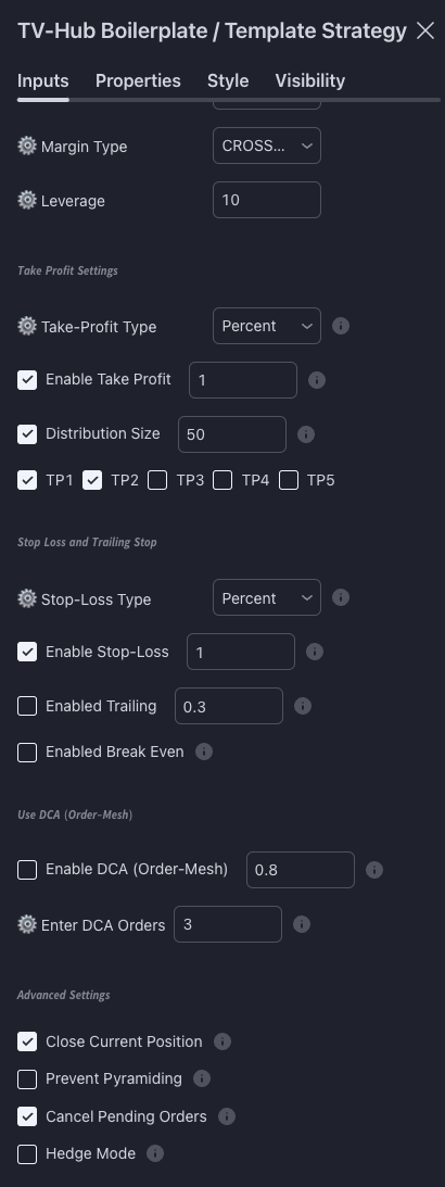 TVH boilerplate strategy input fields — Take Profit, Stop Loss, DCA, Advanced