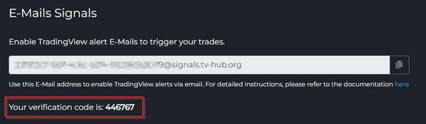 TVH e-mail signals settings page with the verification code