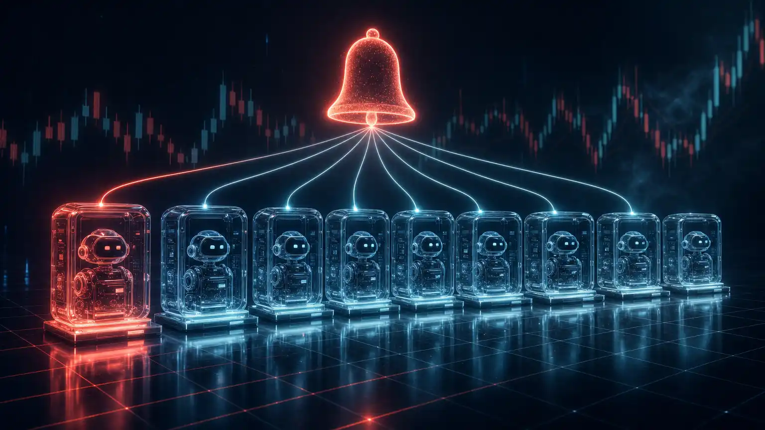 A row of glass trading-bot modules stands on a dark reflective floor, wired by thin lines of light to one glowing alert bell above them, with the first module lit coral in front of a faint candlestick chart.