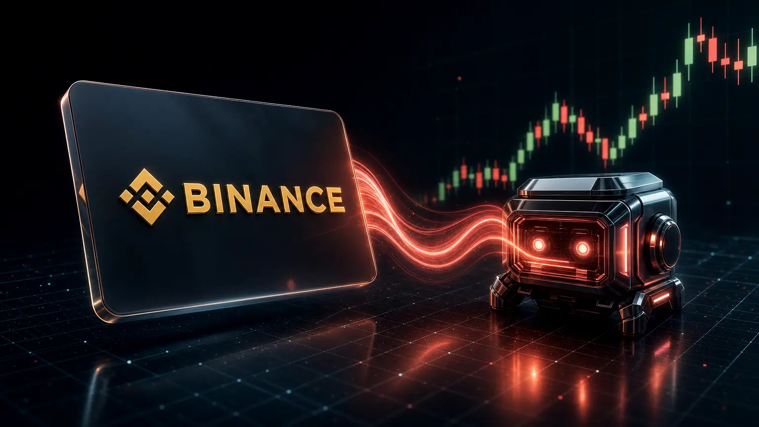 A dark glass invitation card with the Binance logo sends a coral ribbon of light into a small robotic trading module that glows as it switches on, below a faint candlestick chart.