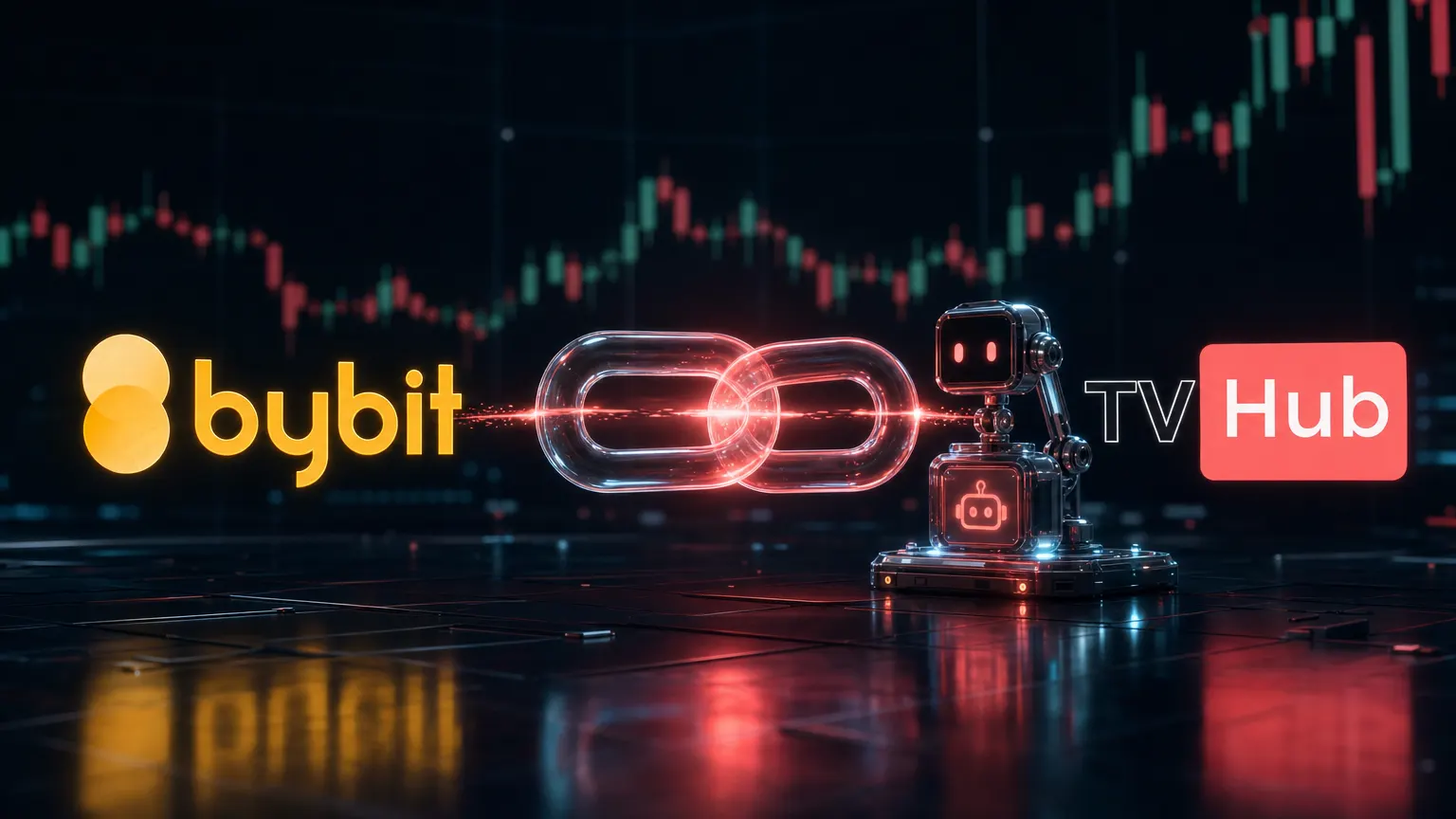 The golden Bybit logo and the TV-Hub logo float on a dark trading scene, joined by a glowing coral chain link that lights up a small bot module.