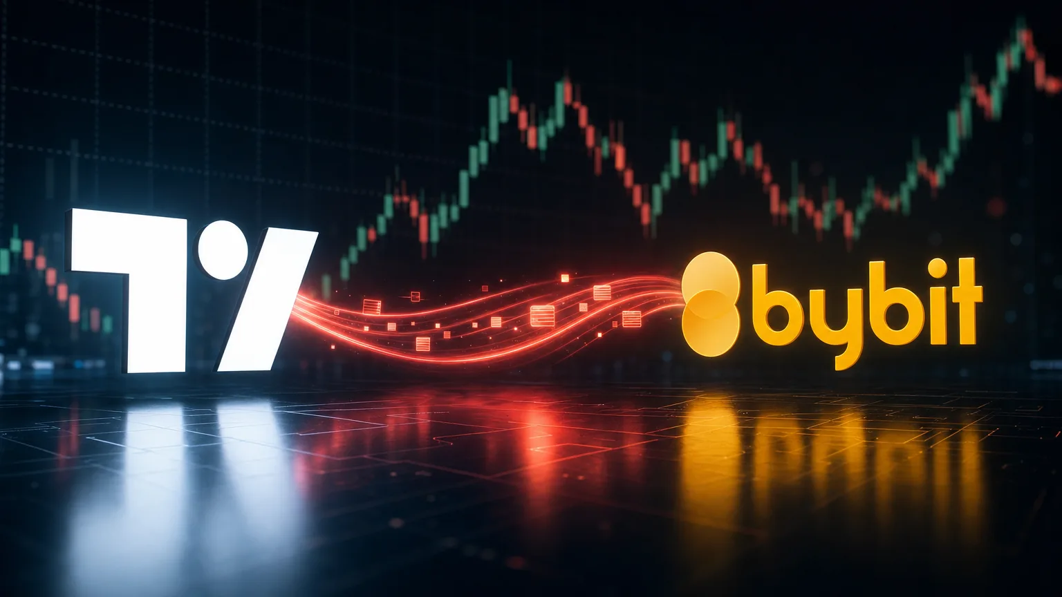The TradingView logo linked to the Bybit logo by a glowing coral webhook data stream over a candlestick chart