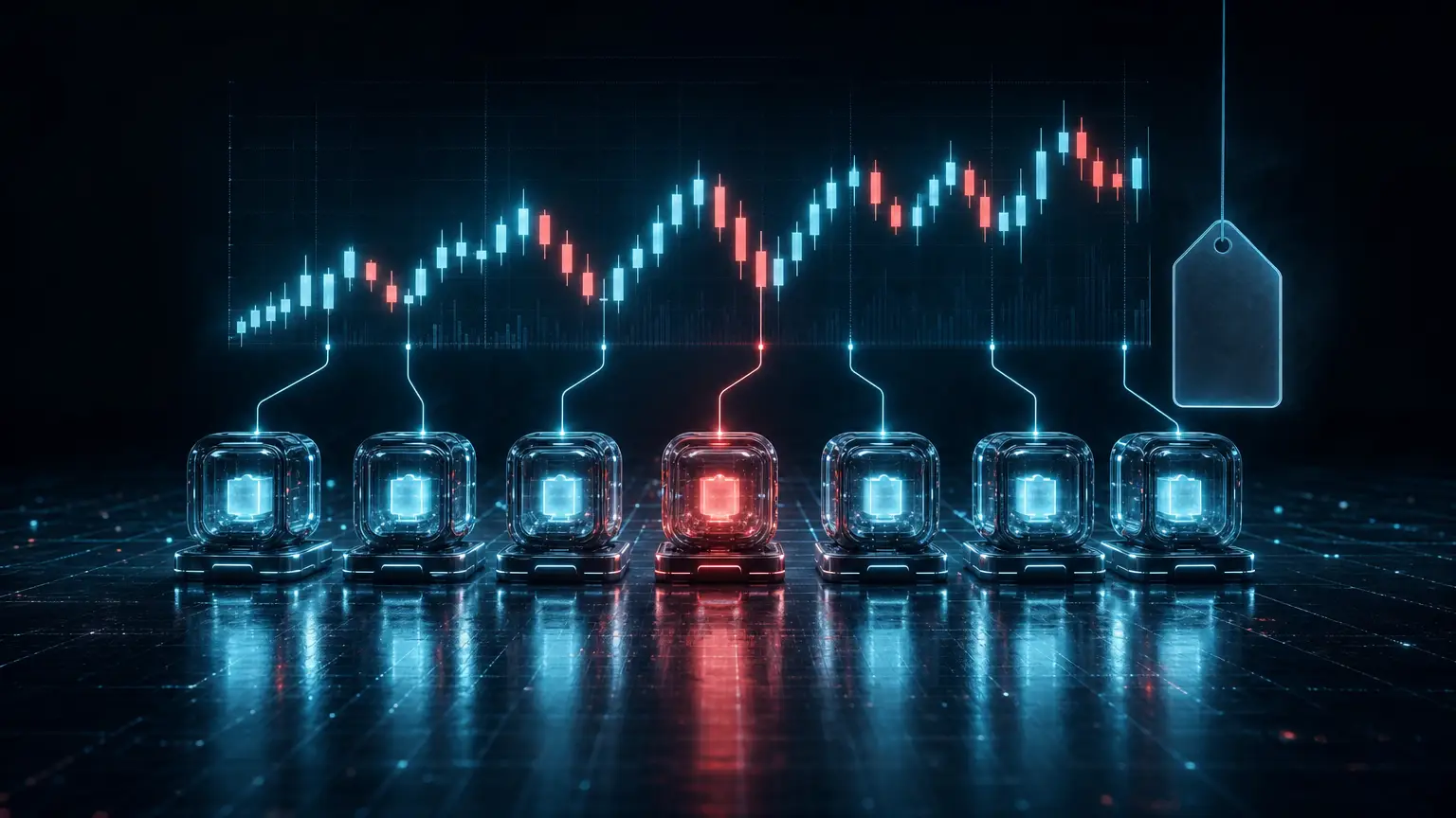 Seven glass trading-bot modules stand in a row on a dark reflective floor, linked by thin lines of light to a floating candlestick chart, with one module glowing coral in the center and an empty price tag hanging beside them