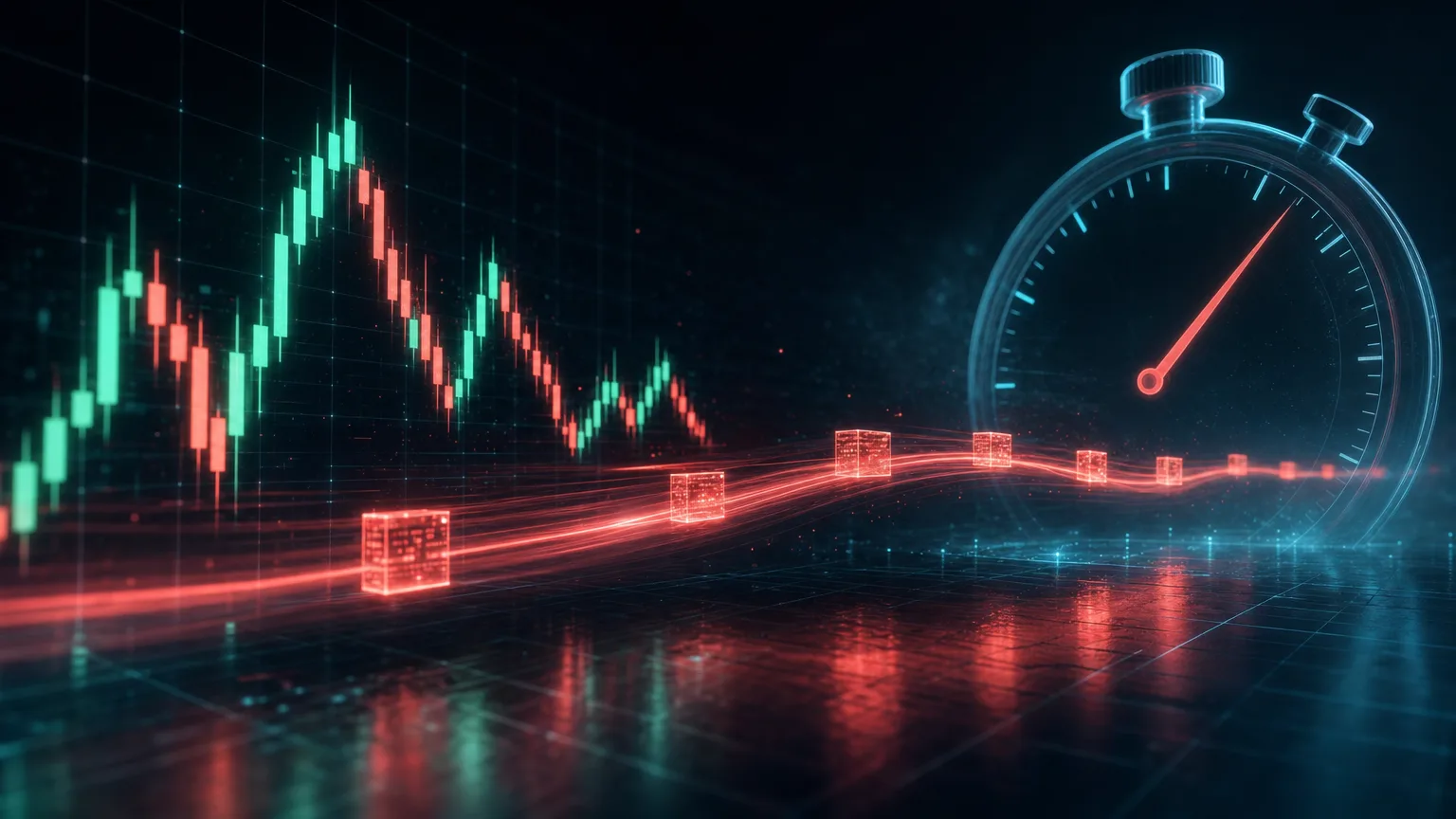 A dark trading scene where coral data packets stream from a candlestick chart toward a glowing stopwatch, illustrating the delay between a TradingView signal and its delivery