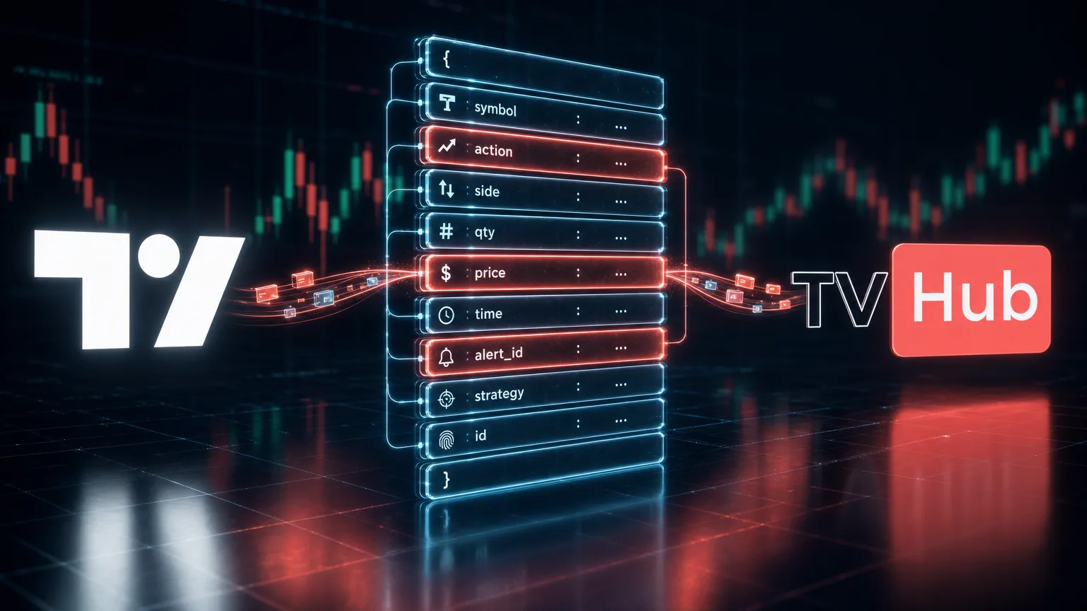 A glowing JSON webhook payload with labelled fields flowing from the TradingView logo into the TradingView Hub logo