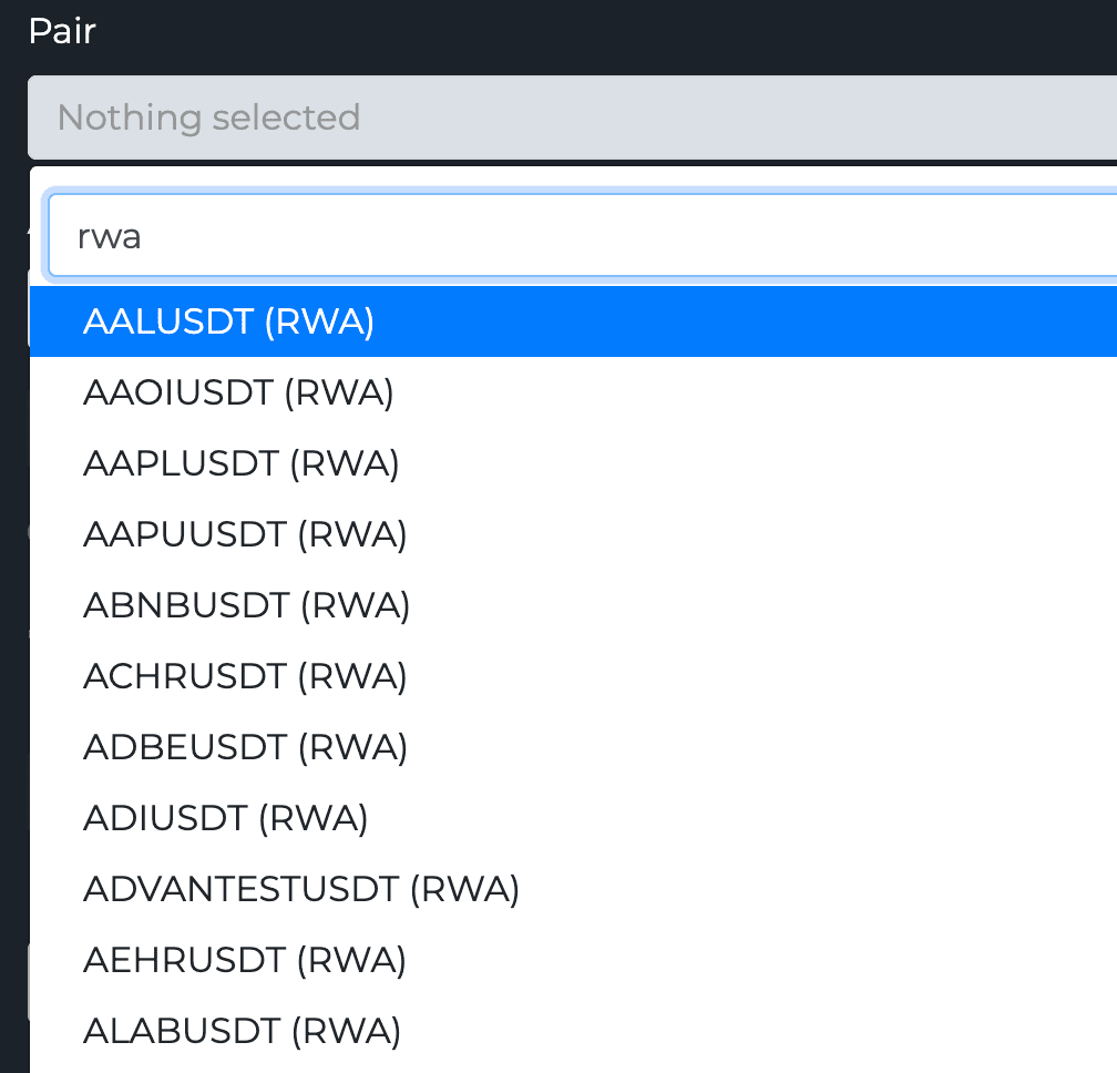 The TradingView Hub pair dropdown for Bitget futures with rwa typed into the search box, filtering the list down to real-world-asset contracts such as AAPLUSDT (RWA) and ADIUSDT (RWA).
