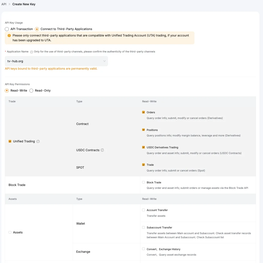 The Bybit Create New Key screen bound to tv-hub.org, with trading permissions for Unified Trading, contracts, and spot enabled while asset transfer and withdrawal permissions are left unchecked.