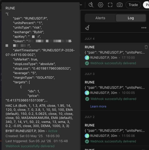 A TradingView alert Log showing a RUNEUSDT webhook alert with its full JSON payload and a green Webhook successfully delivered confirmation on each trigger.