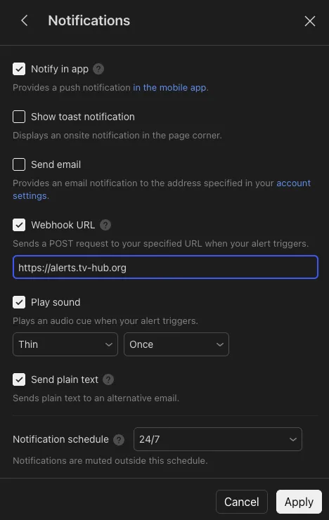 The TradingView alert Notifications tab with the Webhook URL box checked and the TradingView Hub endpoint https://alerts.tv-hub.org entered, plus Send plain text enabled for an email backup.