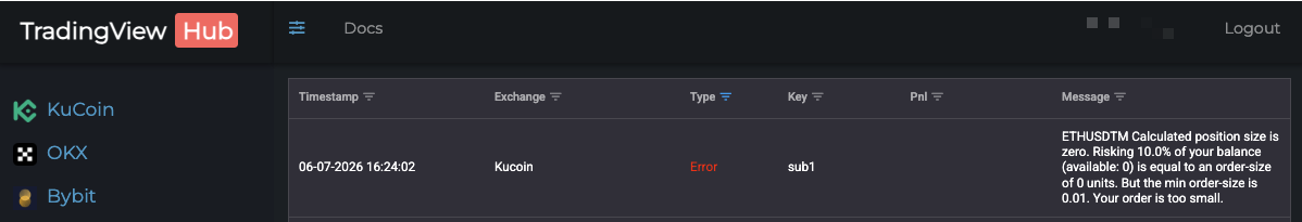 The TradingView Hub Activity Log showing a failed KuCoin order marked Error in red, with a message explaining the calculated position size was zero because the available balance was too small to meet the minimum order size.