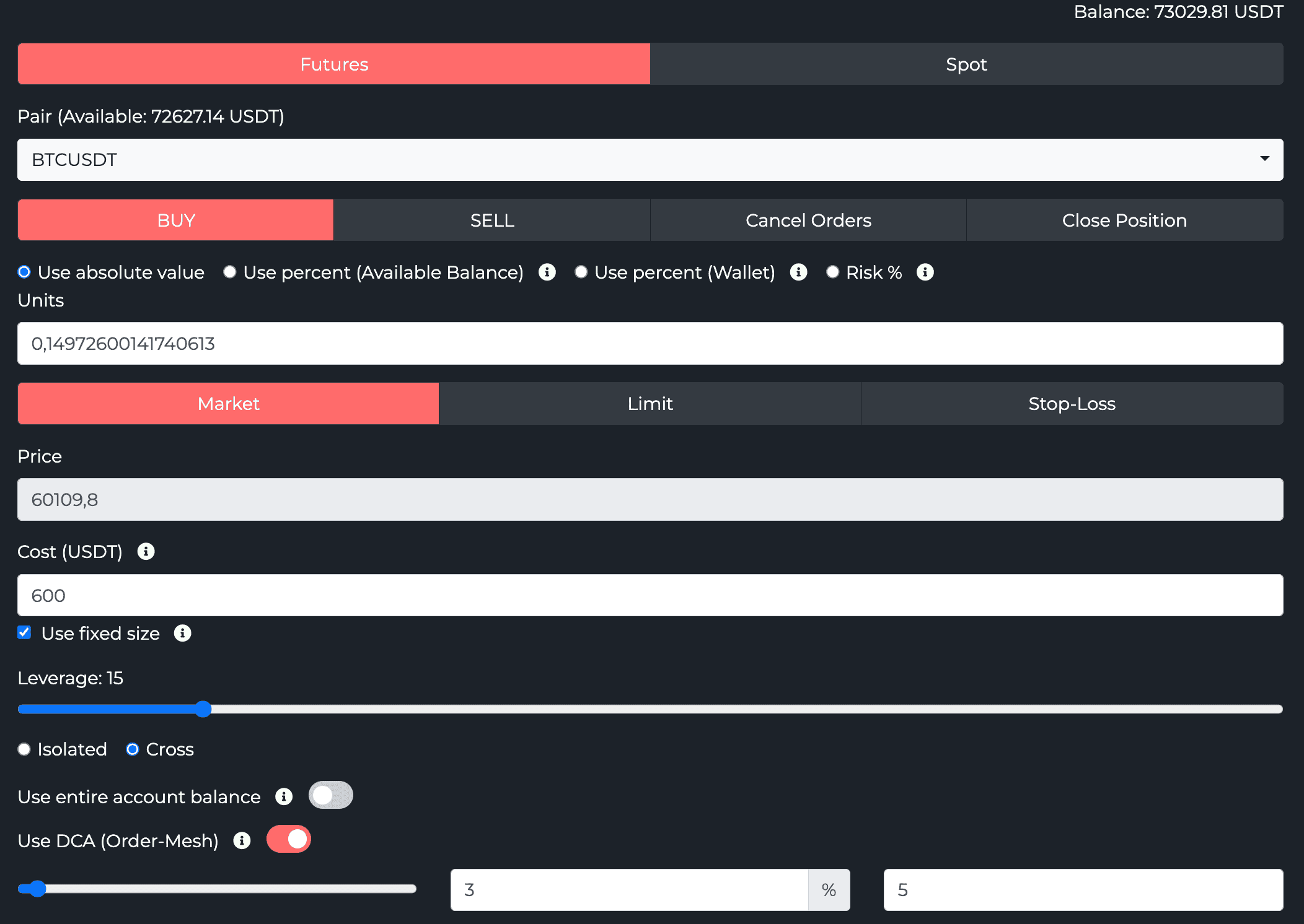 TV-Hub advanced trade command options: sizing modes (Use absolute value, Use percent, Risk %), Use fixed size with a 600 USDT cost, leverage 15 on Cross, and Use DCA (Order-Mesh) enabled with a 3% step across 5 orders