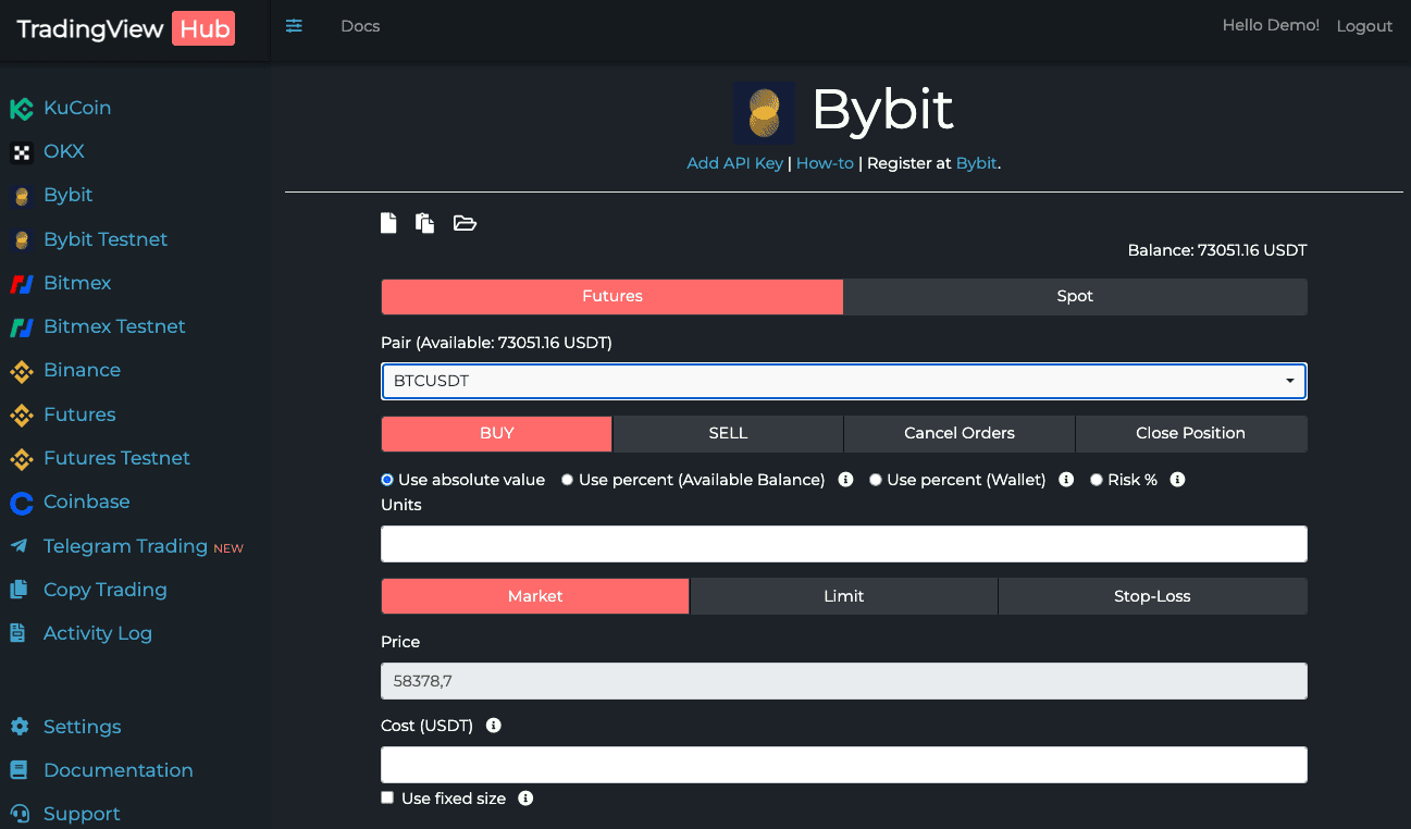 TV-Hub Bybit trading page after connecting the API key, showing a live demo balance of 73,051.16 USDT that confirms the key is connected, with the trade command builder (pair, buy/sell, sizing modes, order type) ready