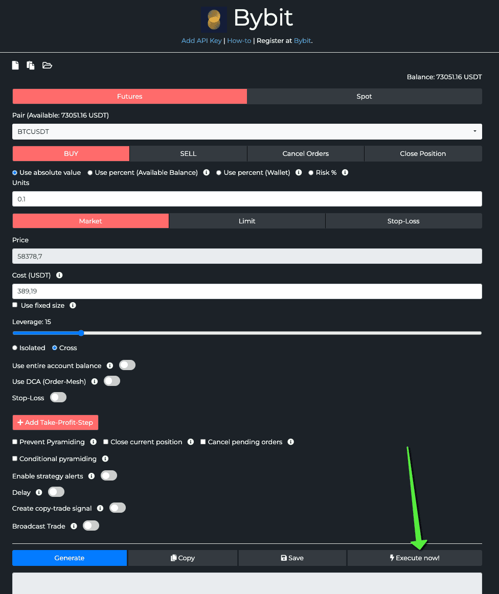The TradingView Hub trade command builder showing a no-code BTCUSDT order with entry, stop loss, and take profit fields, billed at a flat monthly rate rather than a per-trade fee