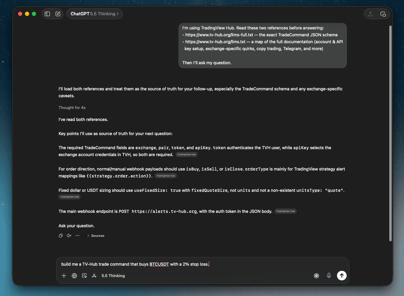 ChatGPT reading the TV-Hub llms-full.txt and llms.txt references, then confirming the required TradeCommand fields before the user asks it to build a BTCUSDT trade command with a 2% stop loss