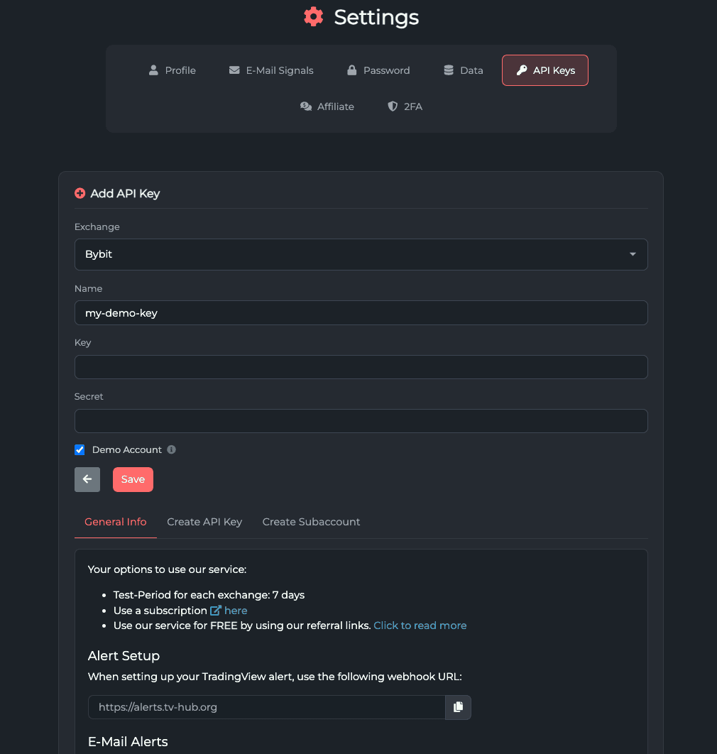 TV-Hub Add API Key dialog under Settings: Bybit selected as the exchange, the name my-demo-key entered, empty Key and Secret fields, and the Demo Account checkbox ticked before saving