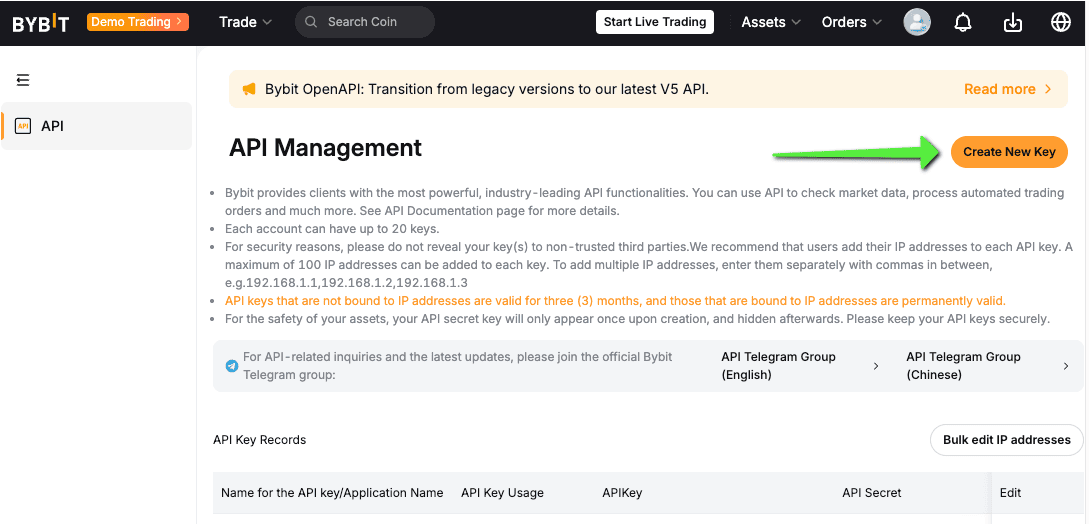 Bybit API Management page in Demo Trading mode, shown by the Demo Trading badge and Start Live Trading button, with a green arrow pointing to the Create New Key button